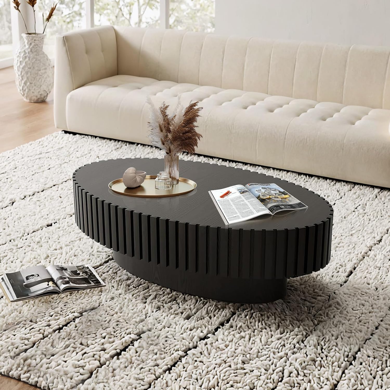 Handcraft Fluted Coffee Table 43.3' Oval Drum Center Tables with Sturdy Pedestal Easy to Assembly for Living Room Apartment Farmhouse (Oval Black 43.3in)