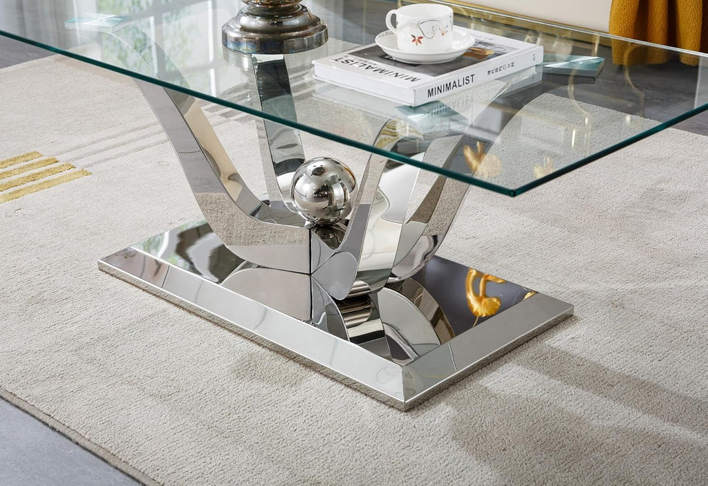 Modern Silver Glass Coffee Table, 47' Rectangle Coffee Table with Tempered Glass Top&Stainless Steel Flower-Shape Base, Luxury Glass Living Room Center Table Accent Cocktail Table for Home Office