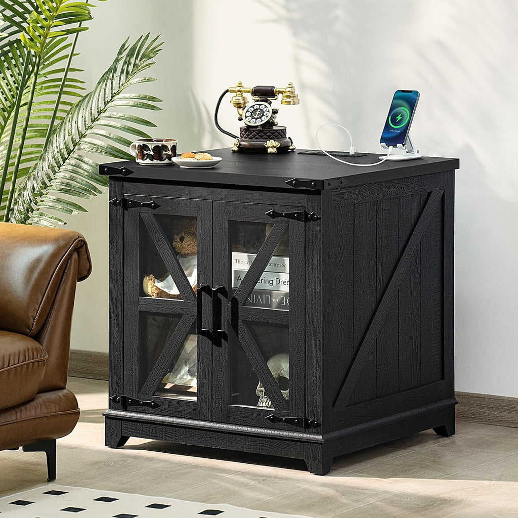 Farmhouse End Table Set of 2,24' Large Sofa Side Table with Charging Station Glass Barn Door,Wood Nightstand with Adjustable Storage Shelf,Square Bedside Table for Living Room,Bedroom,Office-Black