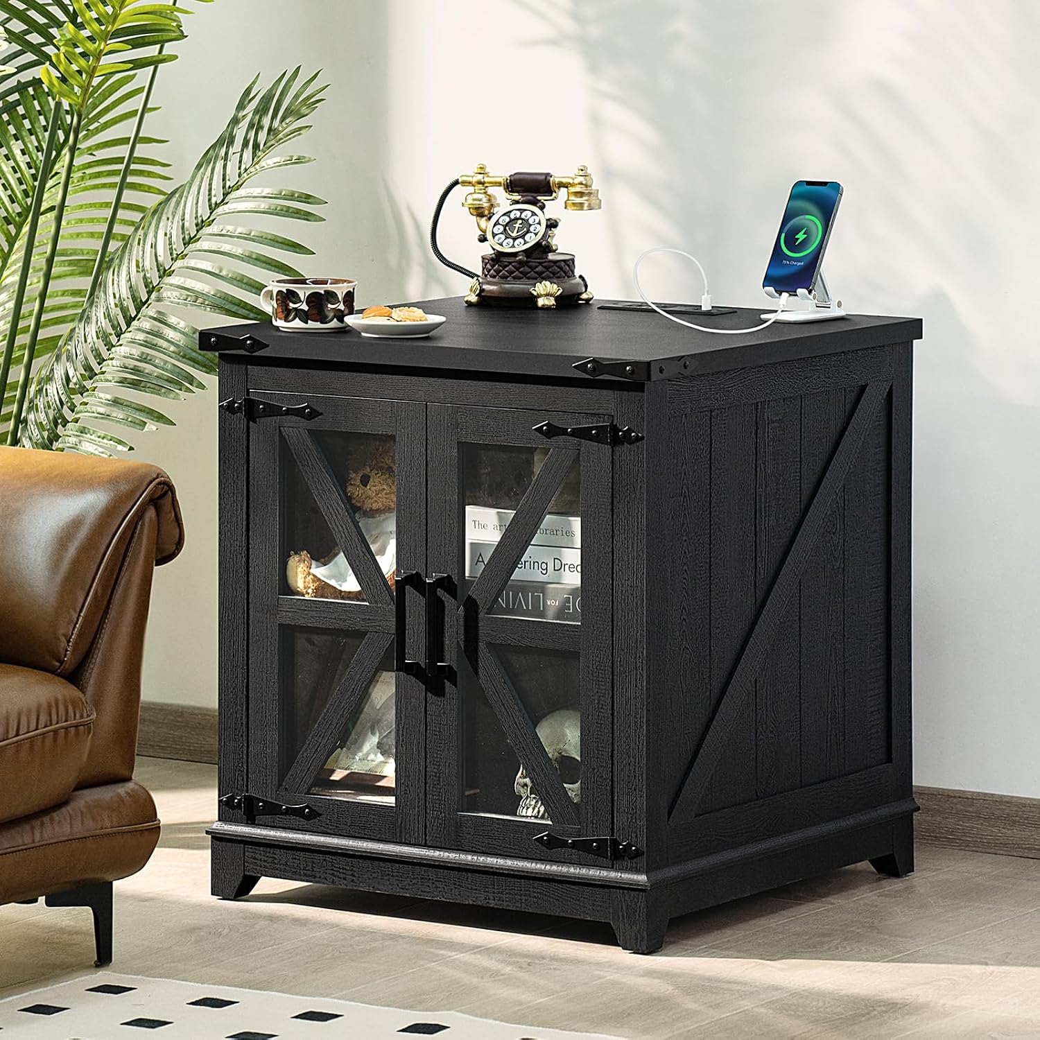 Farmhouse End Table Set of 2,24' Large Sofa Side Table with Charging Station Glass Barn Door,Wood Nightstand with Adjustable Storage Shelf,Square Bedside Table for Living Room,Bedroom,Office-Black