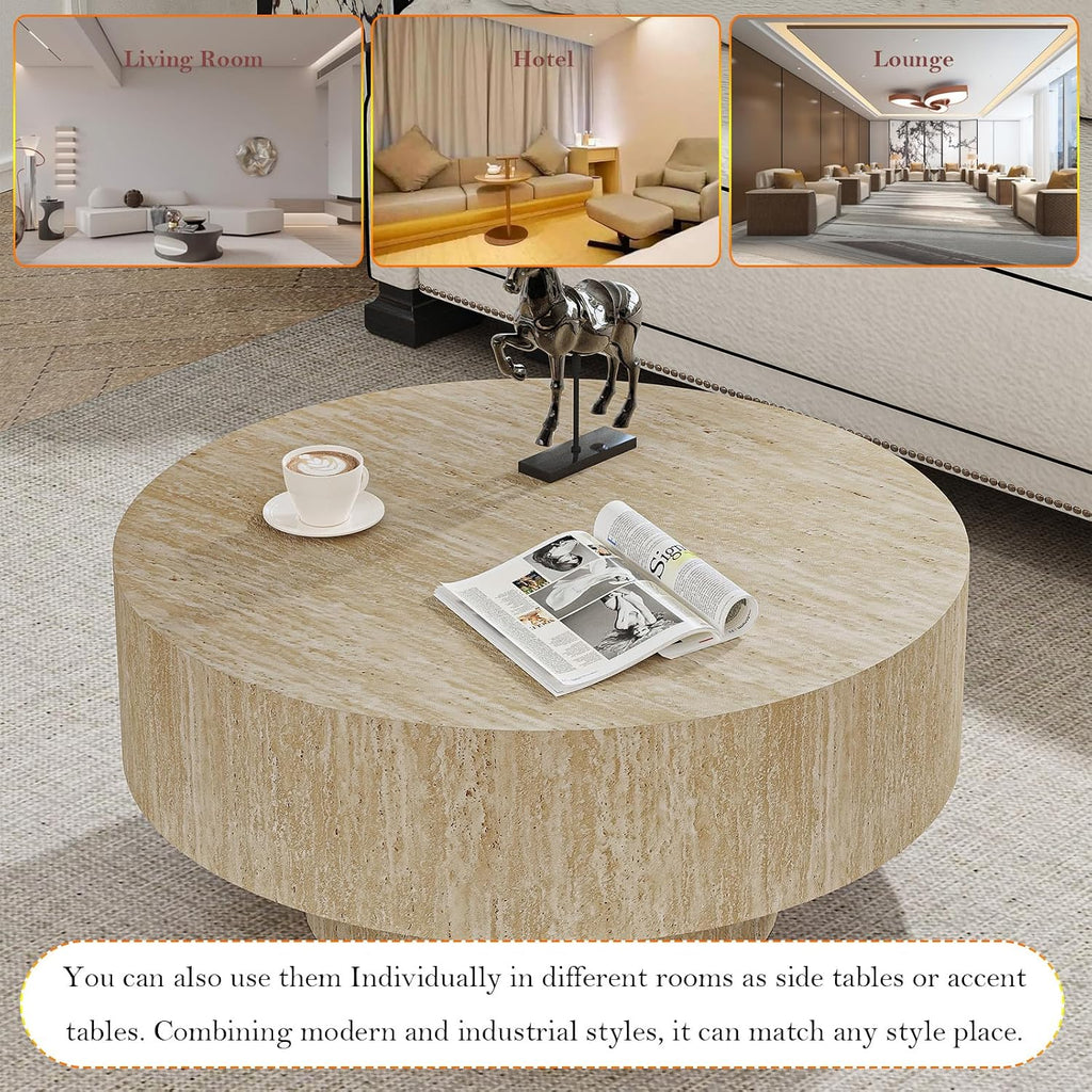 Round Travertine Coffee Table, with Large Tabletop & Base, Mid Century Rustic Circle Wood Center Table for Living Room Farmhouse Apartment, Easy Assembly (B)