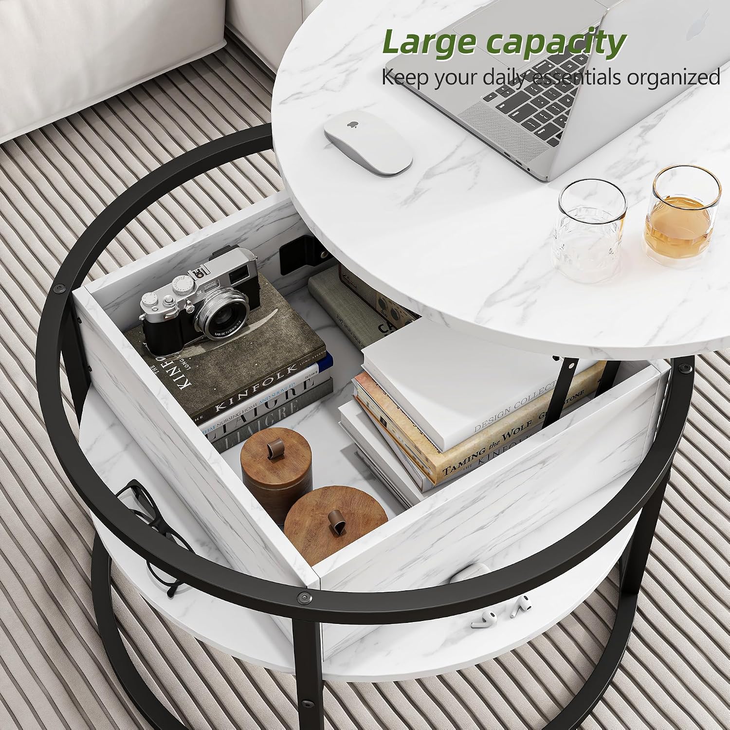 HOJINLINERO Round Coffee Table with Storage, Lift Top Coffee Table with Hidden Compartment, Farmhouse Juxing Design for Living Room, 2-Tier Small Round Dining Center, White