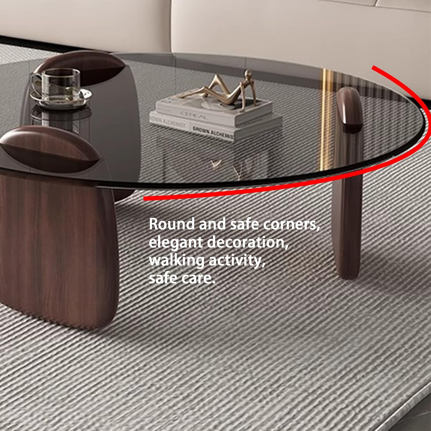 EASYSOUL Modern Round Coffee Table with Glass Top, 35.43' L x 35.43' W x 14.69' H, Circular Tea Tables for Living Room Home Office Industrial Cocktail Tables (Walunt-Grey Glass/35.43')