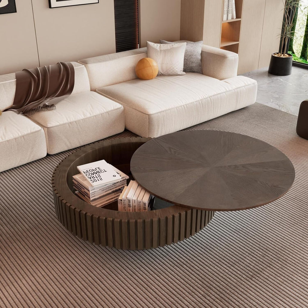 Round Fluted Coffee Table with Storage, Modern Wooden Circle Drum Coffee Tables Handcrafted Fluted Centry Table for Living Room Apartment Small Space