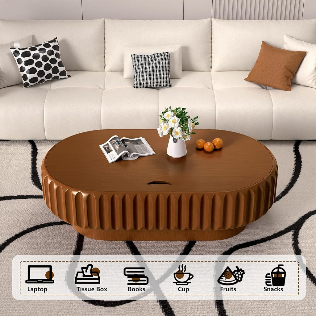 Round Drum Coffee Table White Fluted Coffee Table Circle Center Table Pedestal End Table for Apartment (43.3in)