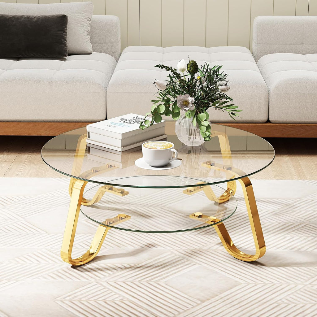 Rovibek Round Glass Coffee Table, 31.5 Modern Round Glass Coffee Tables with Storage and Metal Frame, 2-Tier Tempered Glass Top Small Center Table for Living Room, Easy Assembly, Gold