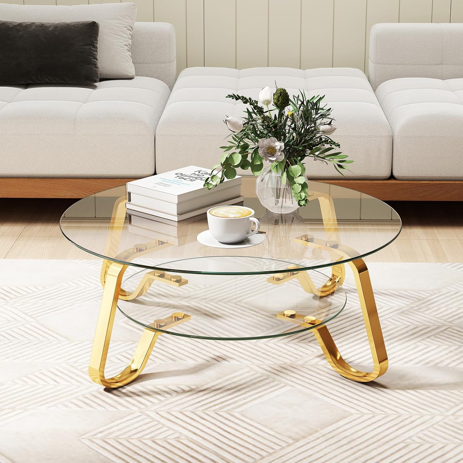 Rovibek Round Glass Coffee Table, 31.5 Modern Round Glass Coffee Tables with Storage and Metal Frame, 2-Tier Tempered Glass Top Small Center Table for Living Room, Easy Assembly, Gold
