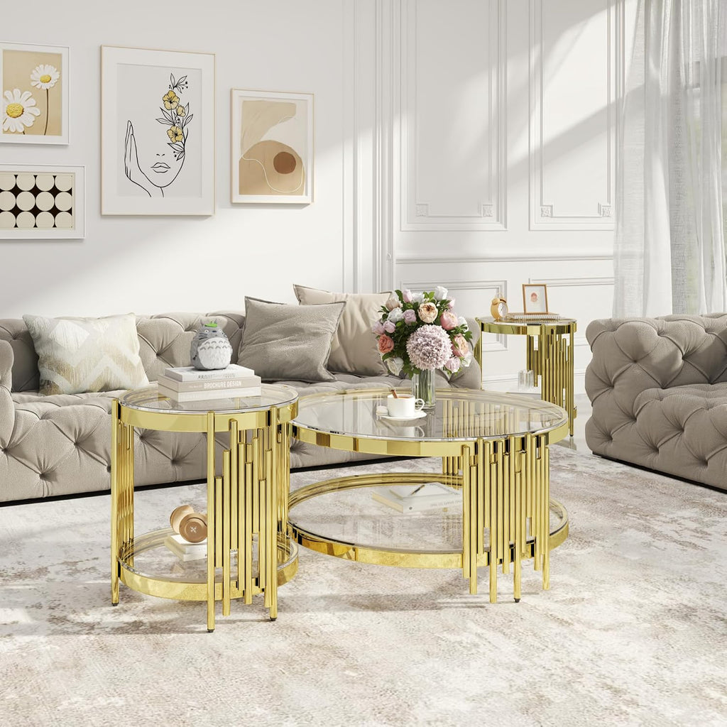 Round Glass End Table 19.69' Modern Coffee Table Living Room Table with Irregular Stainless Steel Leg, Sofa Side Table Clear Top for Home Apartment Office, Gold