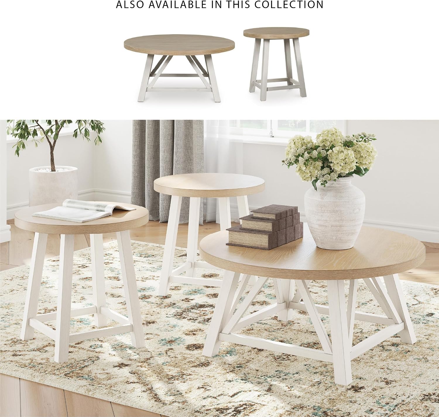 Signature Design by Ashley Fawndell Casual Table with Antiqued Finish, Set of 3, White & Light Brown