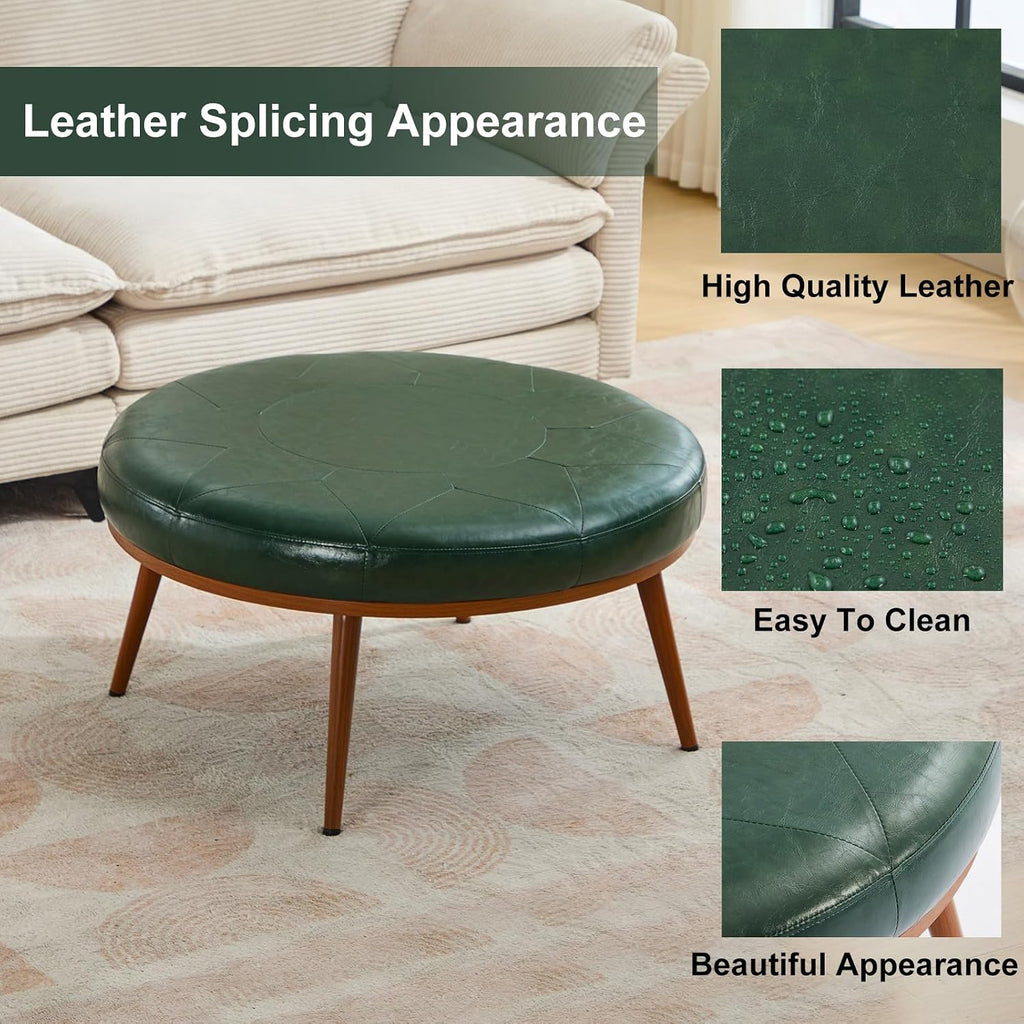 Round Ottoman, Large Faux Leather Footstool and Coffee Table, Cushioned Backless Chair for Living Room & Bedroom, Padded Seat Footrest, (Green)