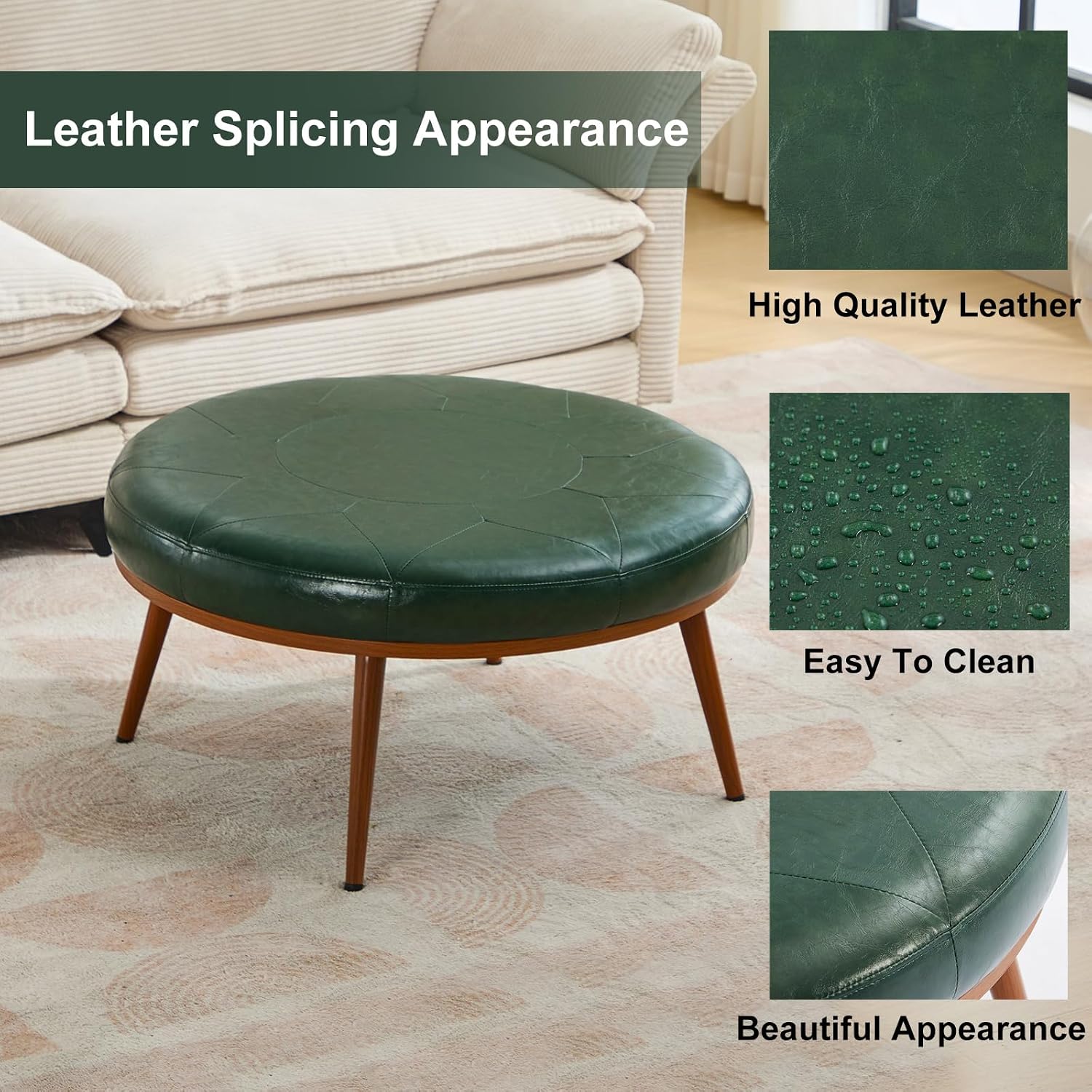 Round Ottoman, Large Faux Leather Footstool and Coffee Table, Cushioned Backless Chair for Living Room & Bedroom, Padded Seat Footrest, (Green)