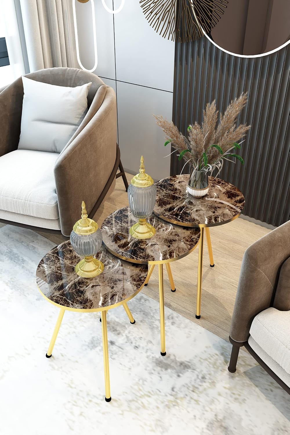 Set of 3 Nesting END Tables - Round Stacking Coffee Side Tables for Small Spaces, Nightstand Bedside Table for Living Room, Bedroom, Living Room, Balcony, NO-TOOLS ASSEMBLY (Brown Marble/Gold)