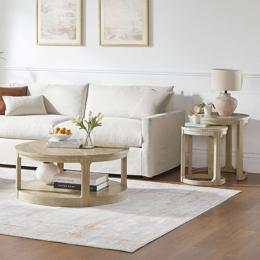 40'' Round Wood Coffee Table Circle Coffee Table with 4 Wheel for Living Room, Modern Retro Farmhouse Style, Easy Assembly, Oak/Wood(ø40'' x 17.52'')