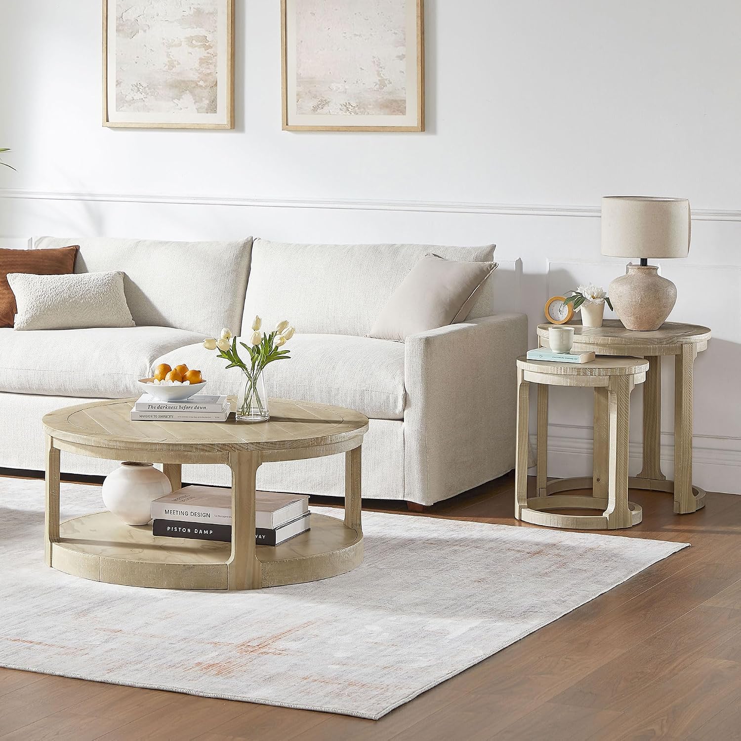 40'' Round Wood Coffee Table Circle Coffee Table with 4 Wheel for Living Room, Modern Retro Farmhouse Style, Easy Assembly, Oak/Wood(ø40'' x 17.52'')