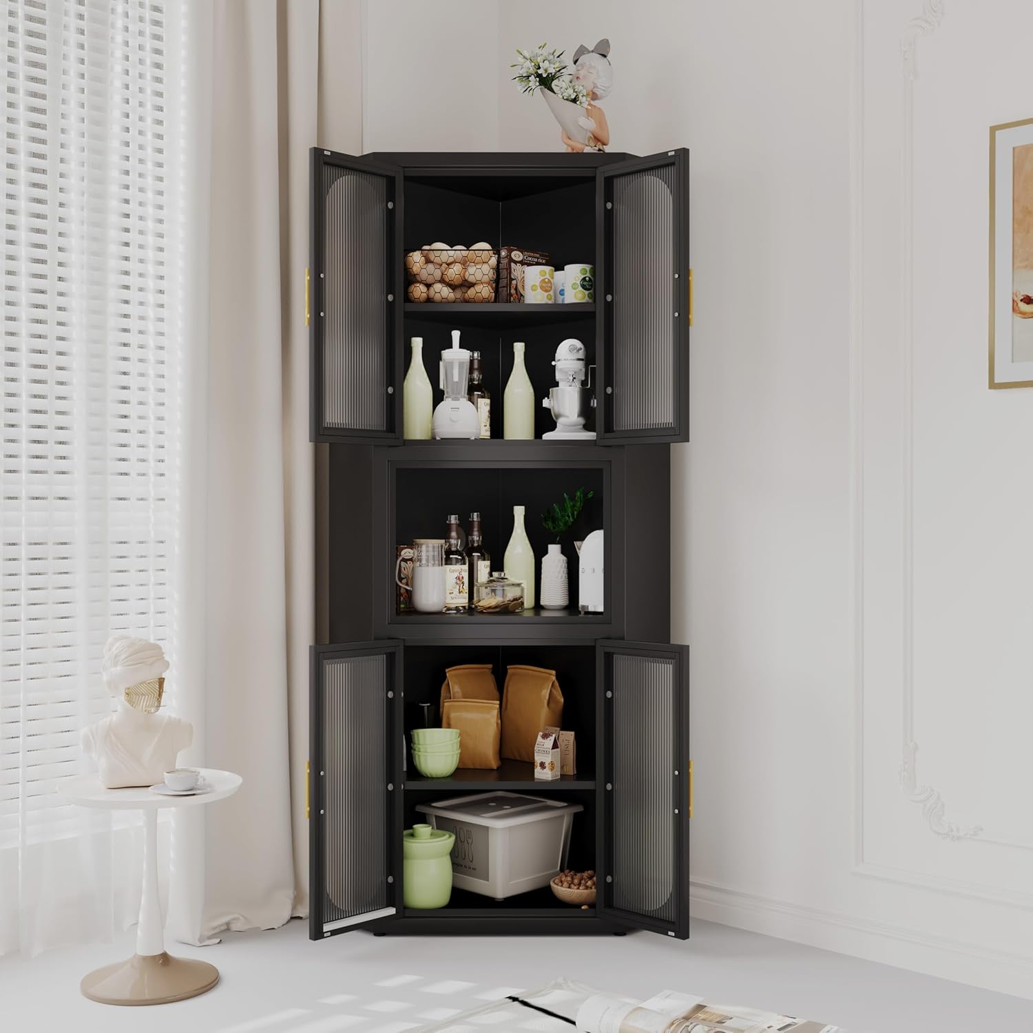 PAOFIN Metal Corner Cabinet, Side FreeStanding Storage Organizer Cabinet with Large Space and Shelves, Home Furniture for Multifunction in Living Room, Bathroom, Hallway, Kitchen, Bedroom, Black