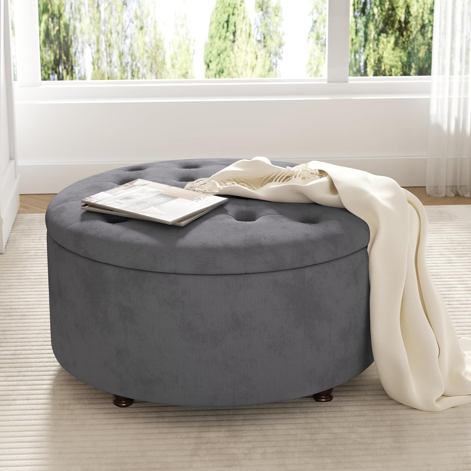 30 Inch Round Storage Ottoman,Modern Tufted Ottomans,Circular Coffee Table with Removable Top,Upholstered Large Ottoman with Storage Footrest Stool for Bedroom Living Room (Grey)