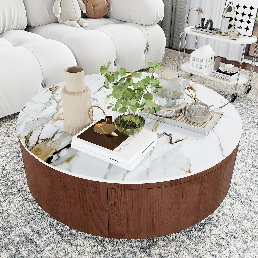 35' Round Coffee Table with Storage,Faux Marble Coffee Table with Drawers and Sintered Stone Top,Circle Coffee Table,Modern Center Tables for Living Room(Walnu,White)