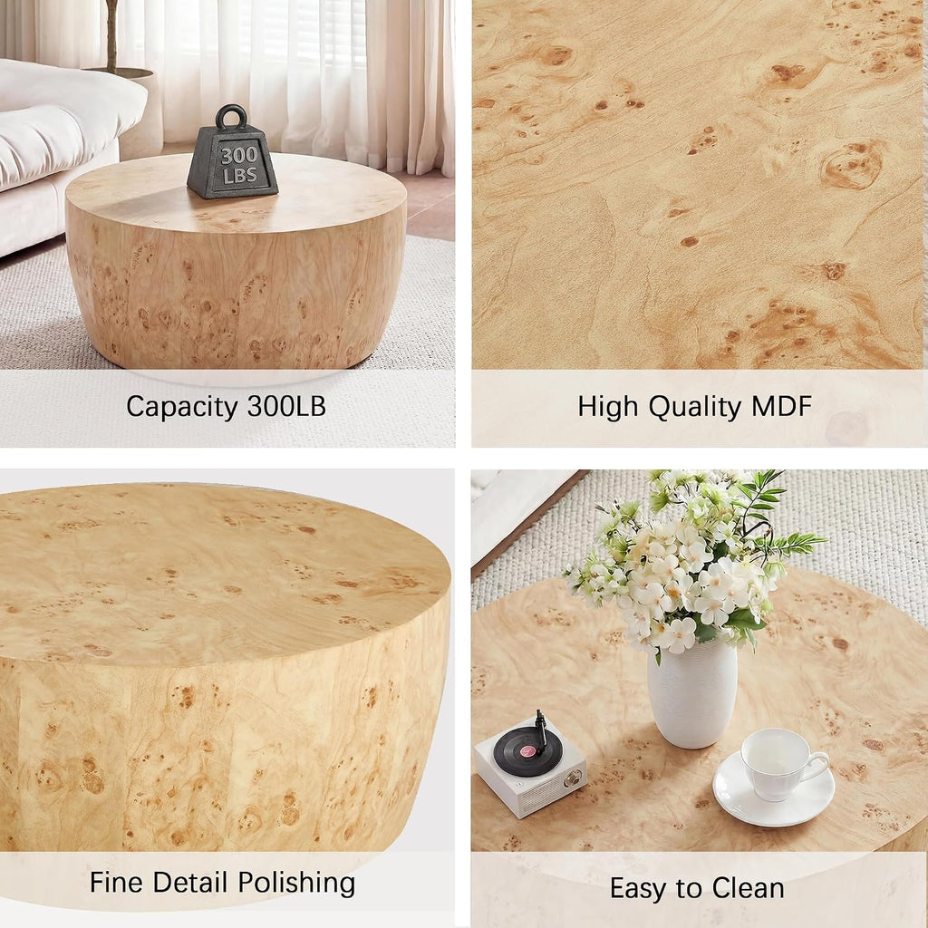 YYQ Upgraded 34.6' Round Coffee Table for Living Room, Burl Faux Marble Pattern Coffee Table, Reversible Drum Coffee Table, Tea Table Wooden Table for Home Office, No Assembly Required