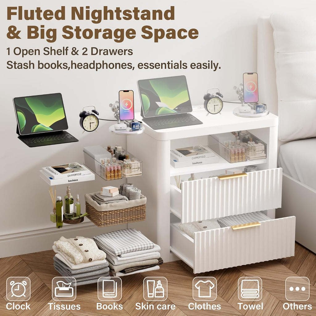 YESHOMY Fluted Nightstand with Charging Station,24' Night Stand with 2 Drawers and Storage Shelf,RGB LED Lighting,Arc Edge Fluted Bedside Table for Bedroom,White