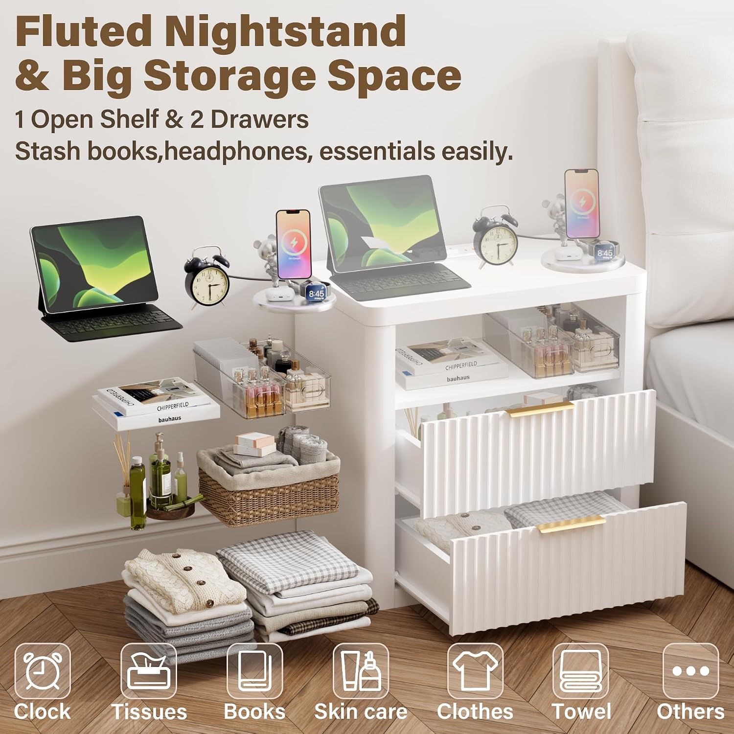 YESHOMY Fluted Nightstand with Charging Station,24' Night Stand with 2 Drawers and Storage Shelf,RGB LED Lighting,Arc Edge Fluted Bedside Table for Bedroom,White
