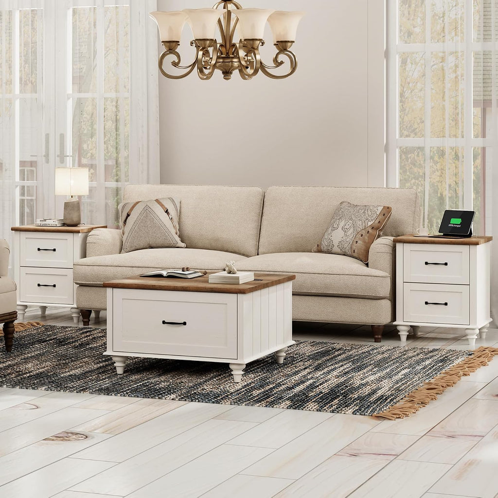WAMPAT 3 Pieces Living Room Table Set, Set of 2 Nightstands Side Tables with Charging Station, One Square Coffee Table with Lift Top & Cabinet, White