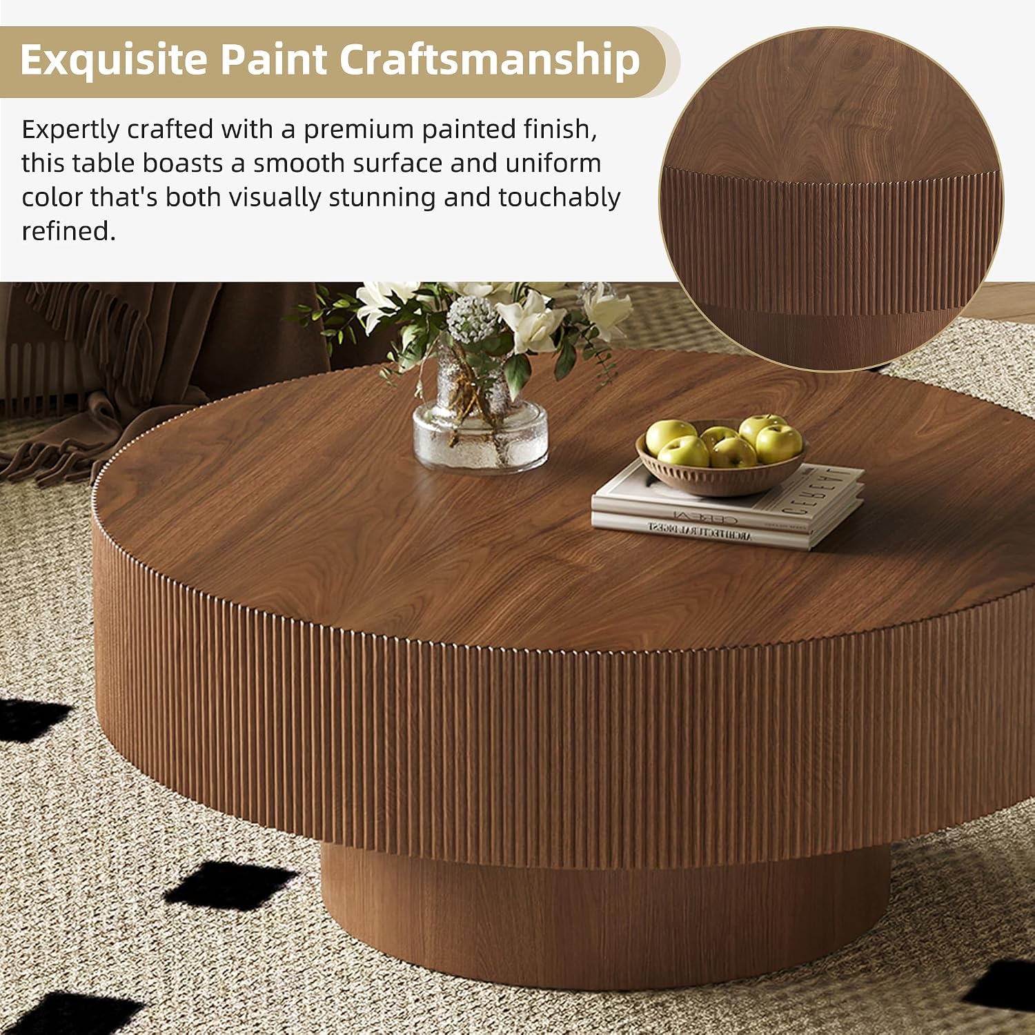 Merax Modern 35.4 Inch Round Large Coffee Table with Sturdy Base, Wood Center Table with 6.8' Thick Tabletop for Living Room Reception Room, Easy Assemble, Walnut