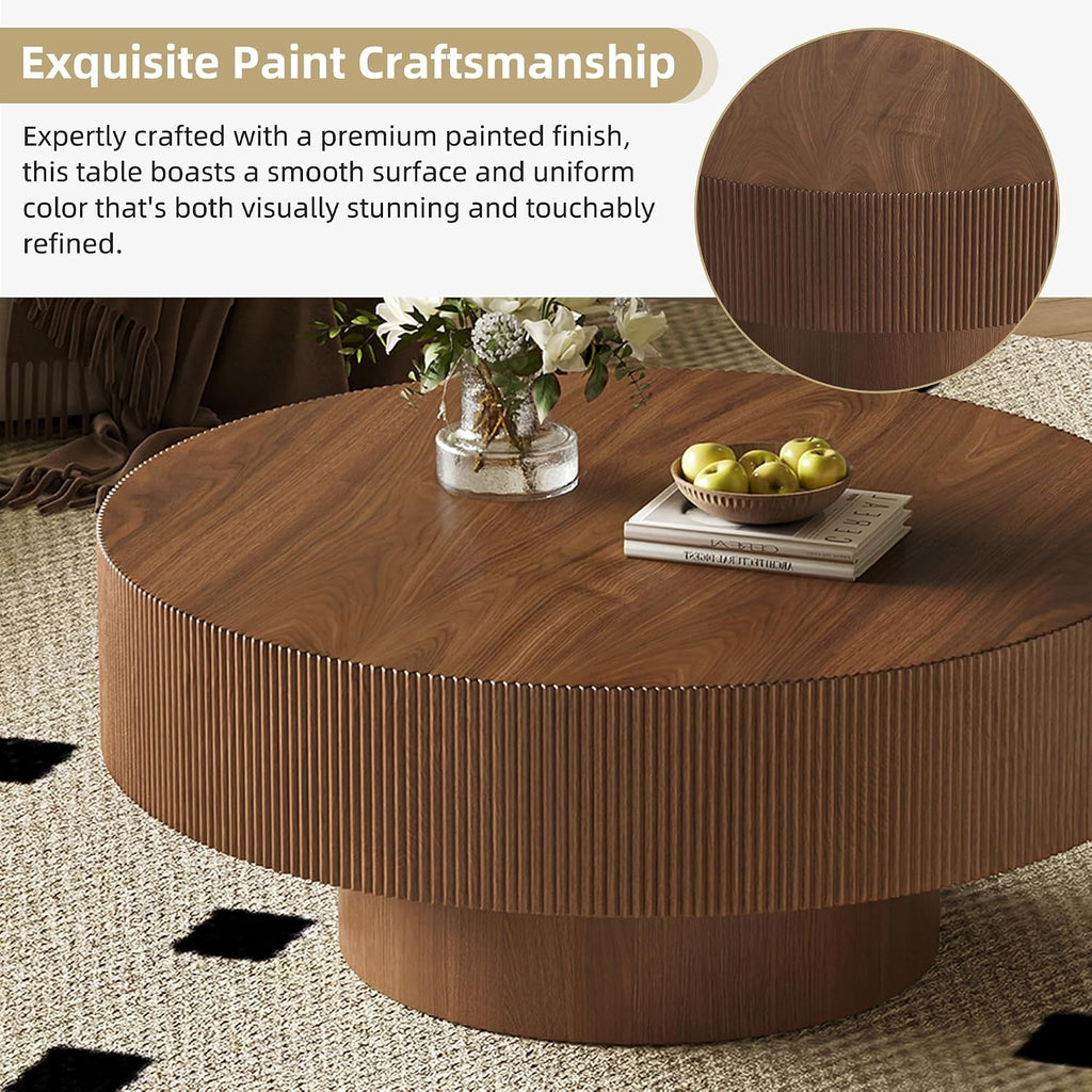 31.5'' White Round Coffee Table Modern Wood Coffee Table for Living Room, Contemporary Circle Fluted Drum Pedestal Style, Easy Assembly, Walnut