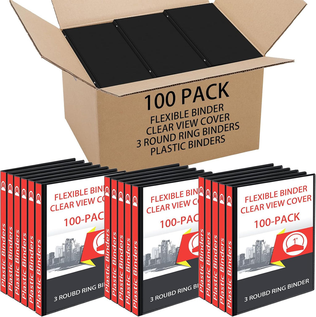 Fulmoon 100 Pcs 3 Ring Binders 1 Inch, Plastic Flexible Binders in Bulk with 2 Interior Pockets,Hold 175 Sheets with Clear Cover for Office, Home, and School(Black)