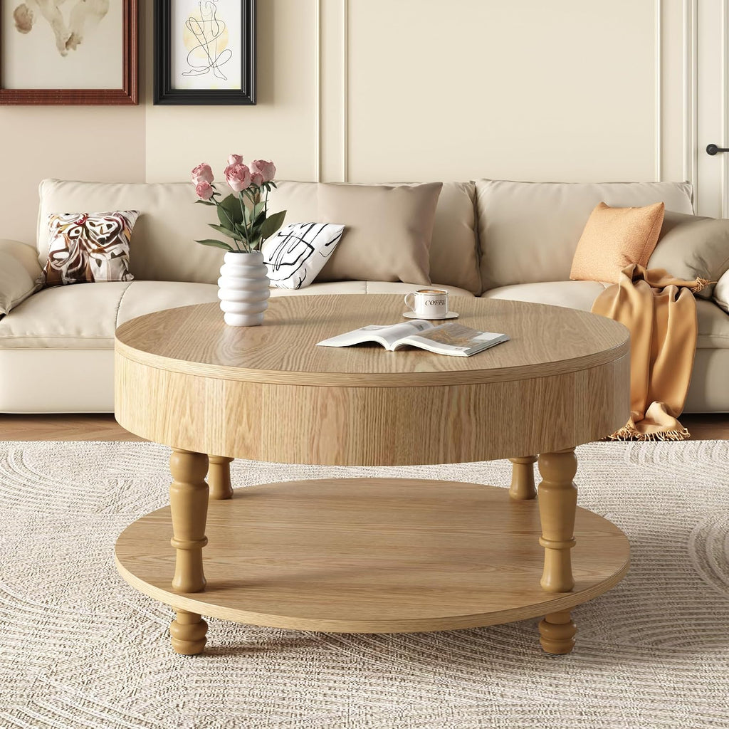 31.5'' Round Coffee Table with Storage Space, 2-Tier Modern Rustic Wood Circle Coffee Table for Living Room, Moveable Table Top & Easy Assembly, Natural