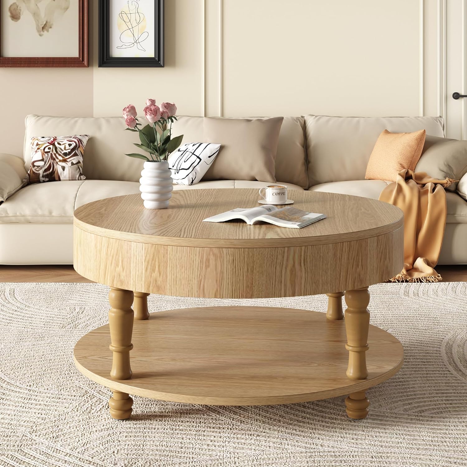 31.5'' Round Coffee Table with Storage Space, 2-Tier Modern Rustic Wood Circle Coffee Table for Living Room, Moveable Table Top & Easy Assembly, Natural
