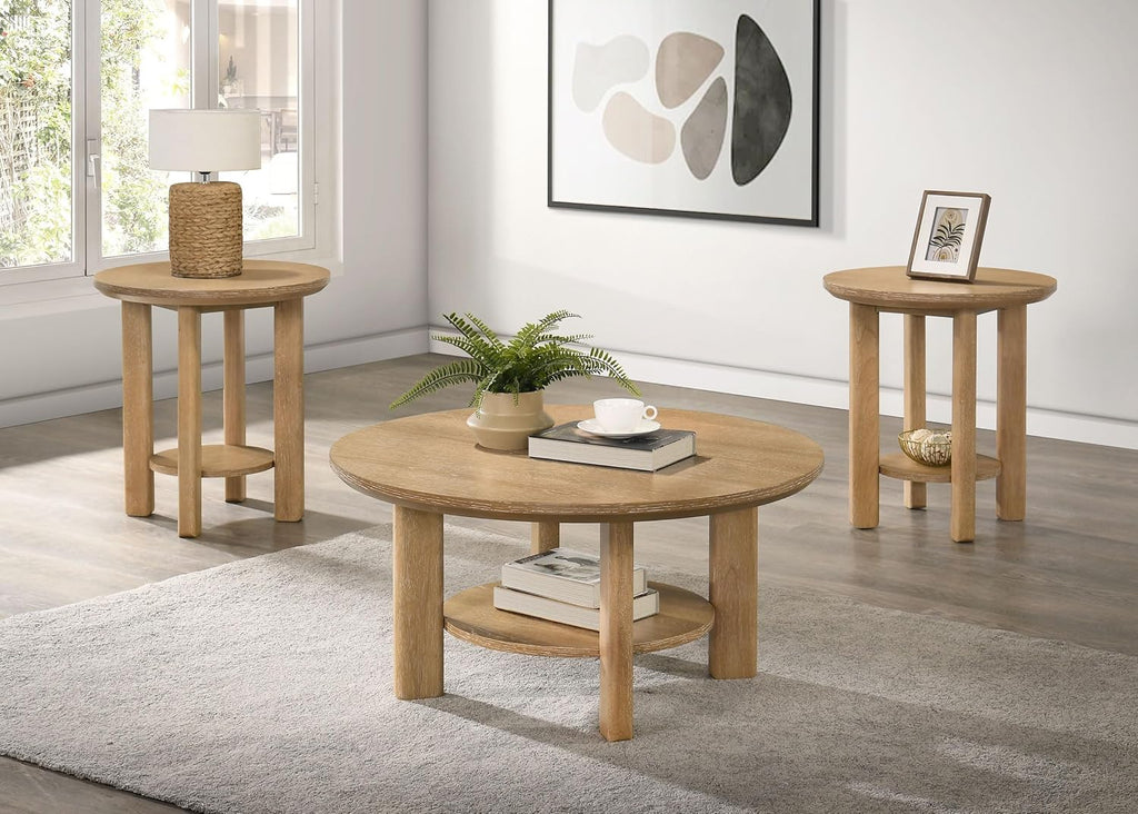 Coaster Home Furnishings - Ottowa - Wood - 3-Piece Coffee Table Set with Rounded Shapes, Thick Cylindrical Legs, Open Shelves and Transitional Style - Living Room - Light Oak - 706298-S3