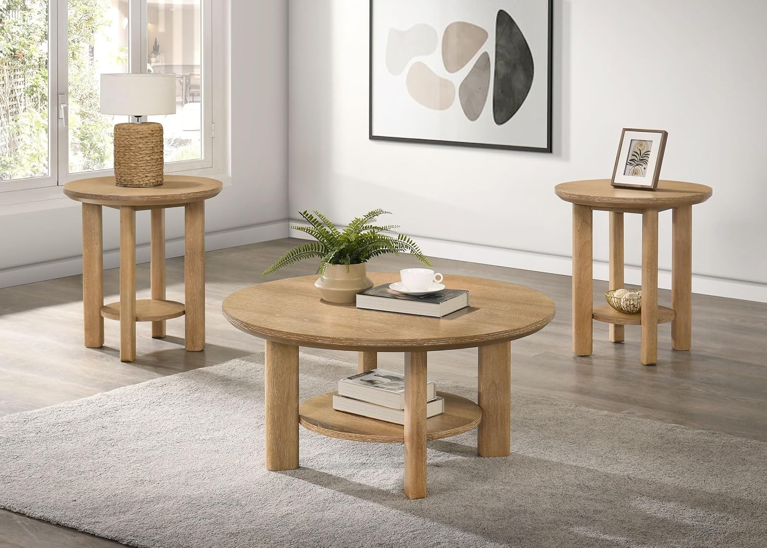 Coaster Home Furnishings - Ottowa - Wood - 3-Piece Coffee Table Set with Rounded Shapes, Thick Cylindrical Legs, Open Shelves and Transitional Style - Living Room - Light Oak - 706298-S3