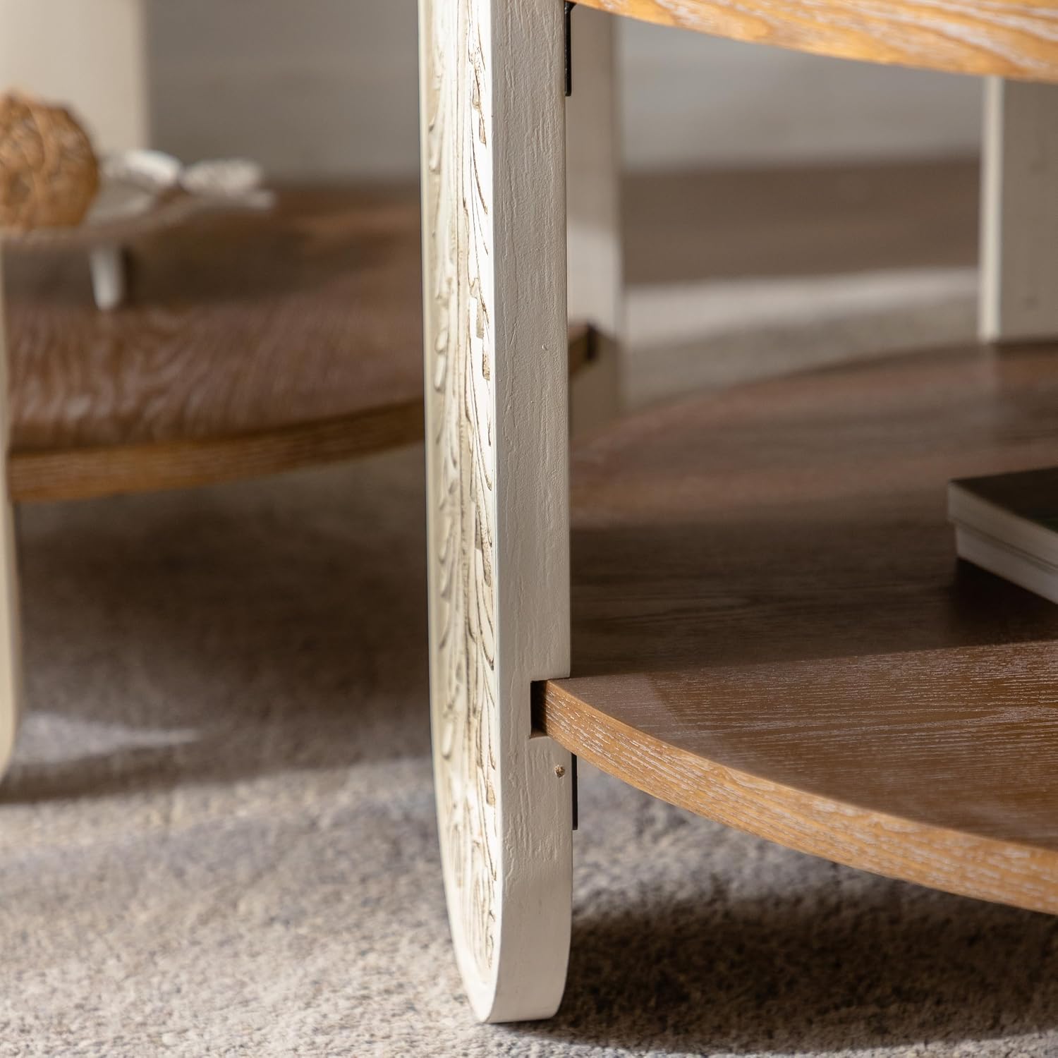 31.89'' Round Wood Coffee Table 2-Tier Circle Craft Rustic Coffee Table for Living Room, Modern Retro Farmhouse Carved Style, Easy Assembly, Natural Wood