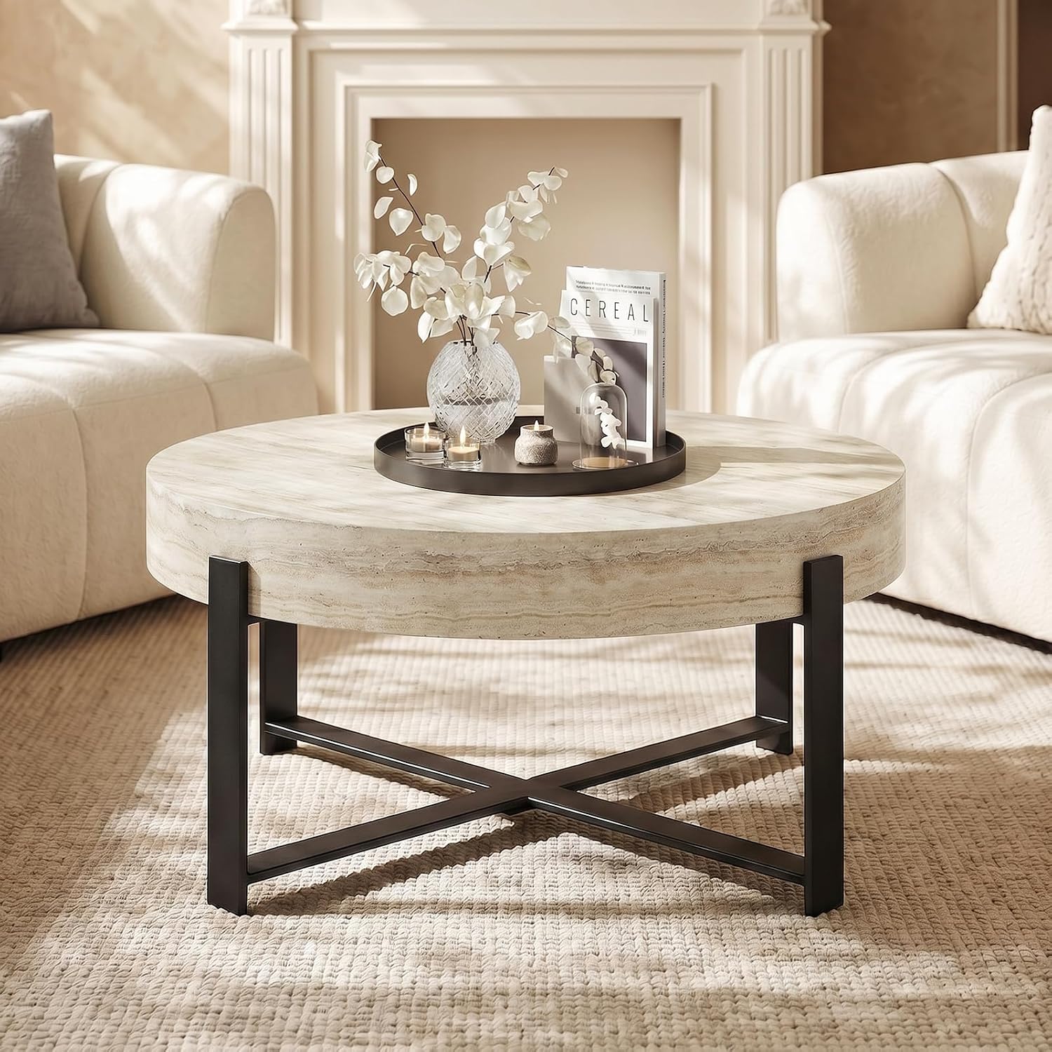 Round Coffee Table, Small Wood Coffee Table with Storage, Modern Wood Circle Table with Metal Frame, Round Accent Center Tables for Living Room Apartment Small Space