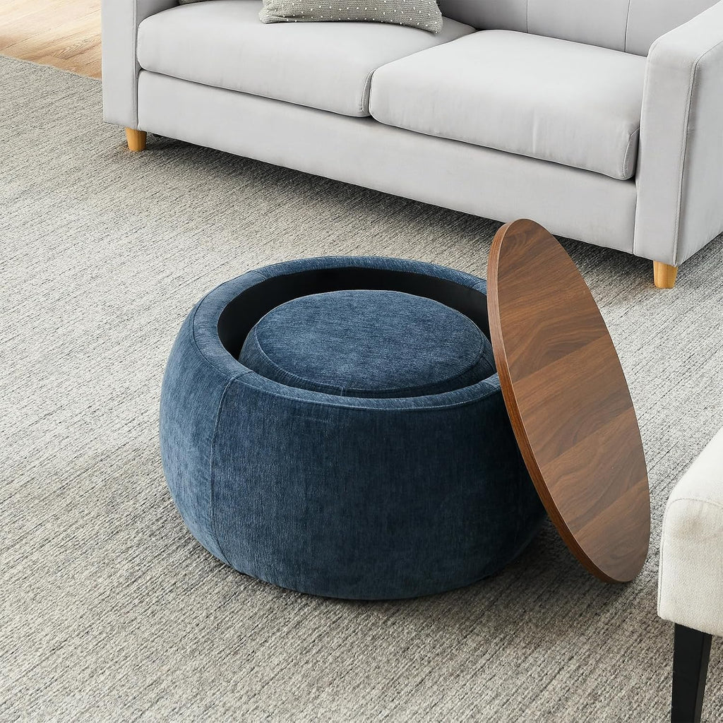 Round Ottoman with Storage Set, 25' +18' Circle Coffee Table Upholstered Nesting Modern End Table Footstool with Removable Wood Tray Chenille for Living Room No Assembly, Dark Blue