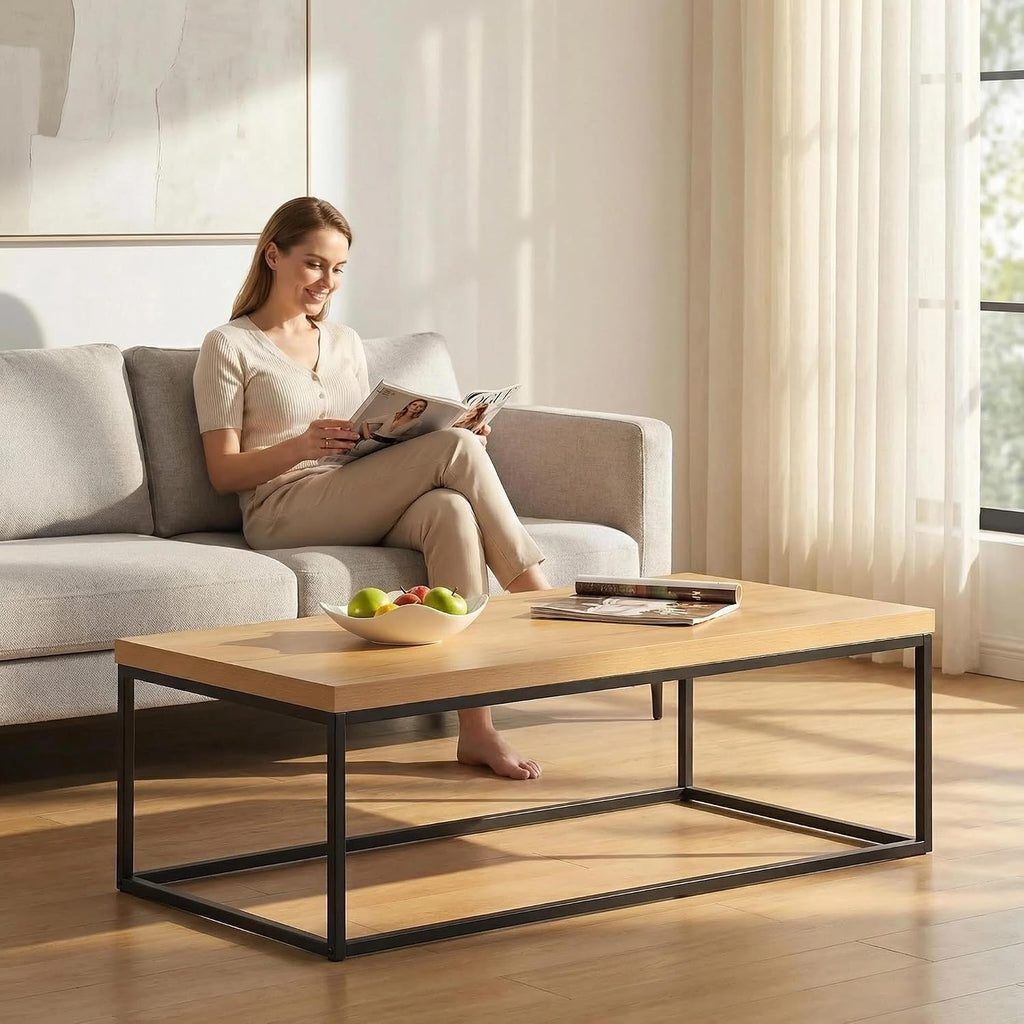 CENSI 47 Inch Oak Coffee Table for Living Room, Modern Industrial Center Table with Extra Thick 40mm Wood Top, Natural White Oak Finish, Rectangle Cocktail Table