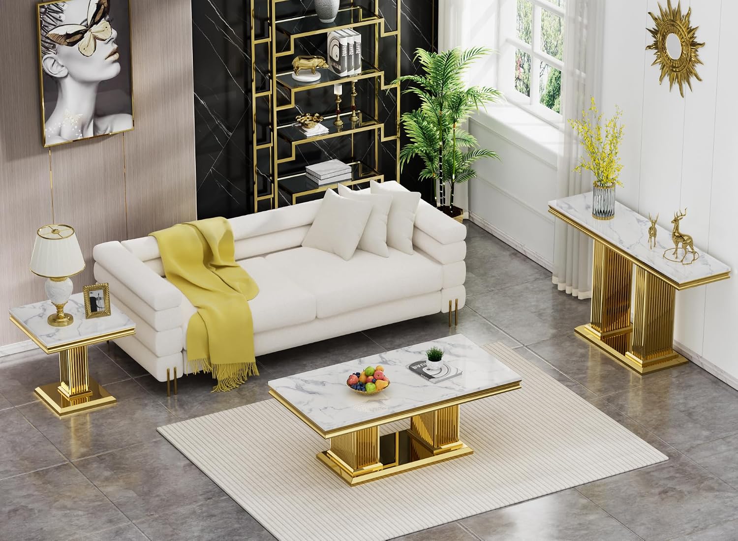 3 Pieces Living Room Table Set, Faux Marble Coffee Table Set of 3, Modern Coffee Table, Console Table and End Table with Column-Shaped Stainless Steel Base for Living Room Office White Gold
