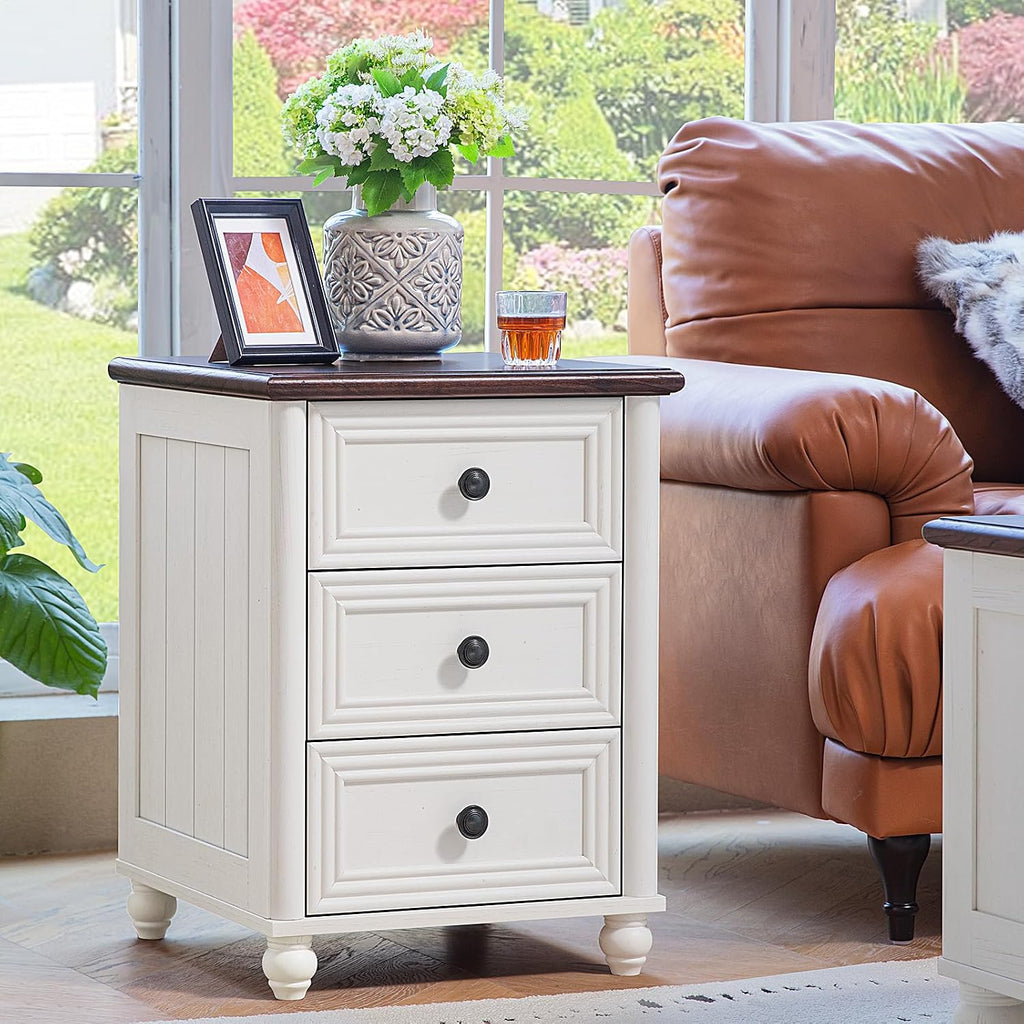 RWYHG Farmhouse Coffee Table & Night Stand Set of 3, Wood 54'' Wide Center Table & 18'' Chest of Drawers, Roman Column 3 Drawers Nightstand Set of 2, Living Room Furniture Coffee Tables Suites White