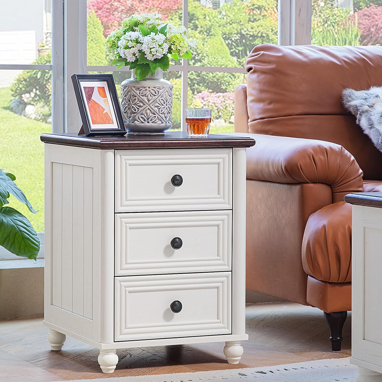 RWYHG Farmhouse Coffee Table & Night Stand Set of 3, Wood 54'' Wide Center Table & 18'' Chest of Drawers, Roman Column 3 Drawers Nightstand Set of 2, Living Room Furniture Coffee Tables Suites White