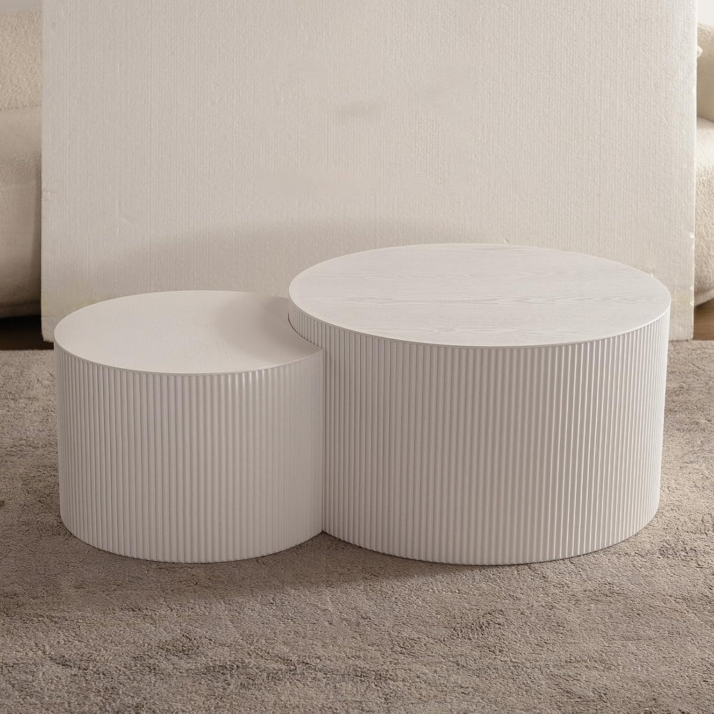 Round Nesting Coffee Table Modern White Fluted Coffee Table Set of 2 for Living Room Circle Drum Coffee Tables Round Nesting Tables Crescent Side Accent End Table for Small Space (White A 27in)