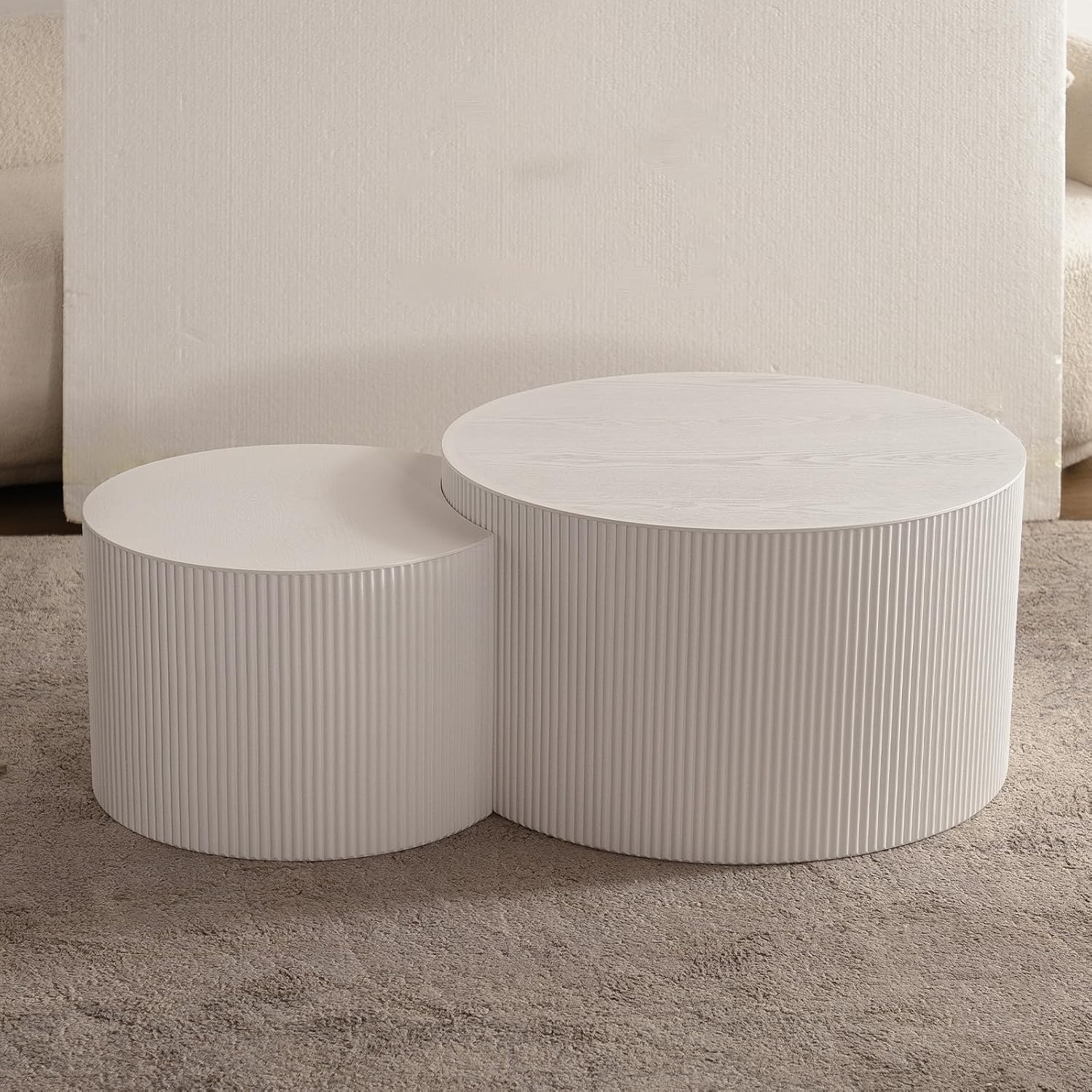 Round Nesting Coffee Table Modern White Fluted Coffee Table Set of 2 for Living Room Circle Drum Coffee Tables Round Nesting Tables Crescent Side Accent End Table for Small Space (White A 27in)