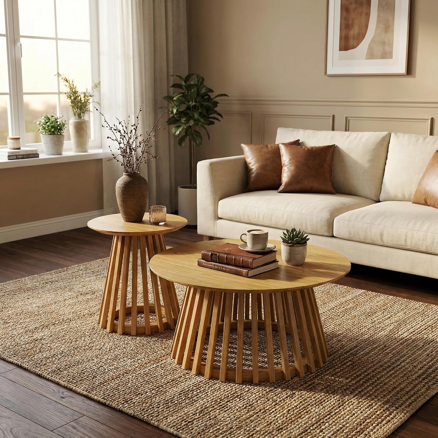 HNY Modern Round Coffee Table for Living Room, Mid Century Wood 31.5' Circle Small Center Table with Wooden Fluted Base for Home Small Space, Bedroom, Apartment, Studio, Natural