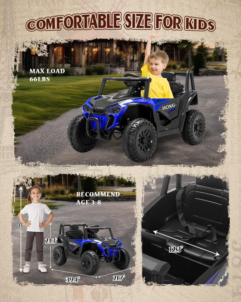 12V Kids Ride on Car, Battery Powered Electric UTV Truck with Parent Remote Control, Bluetooth, Music, LED Light, 3 Speeds, Soft Start, Safety Belt, Horn, Ride on Toys for Boy Girl (Blue)