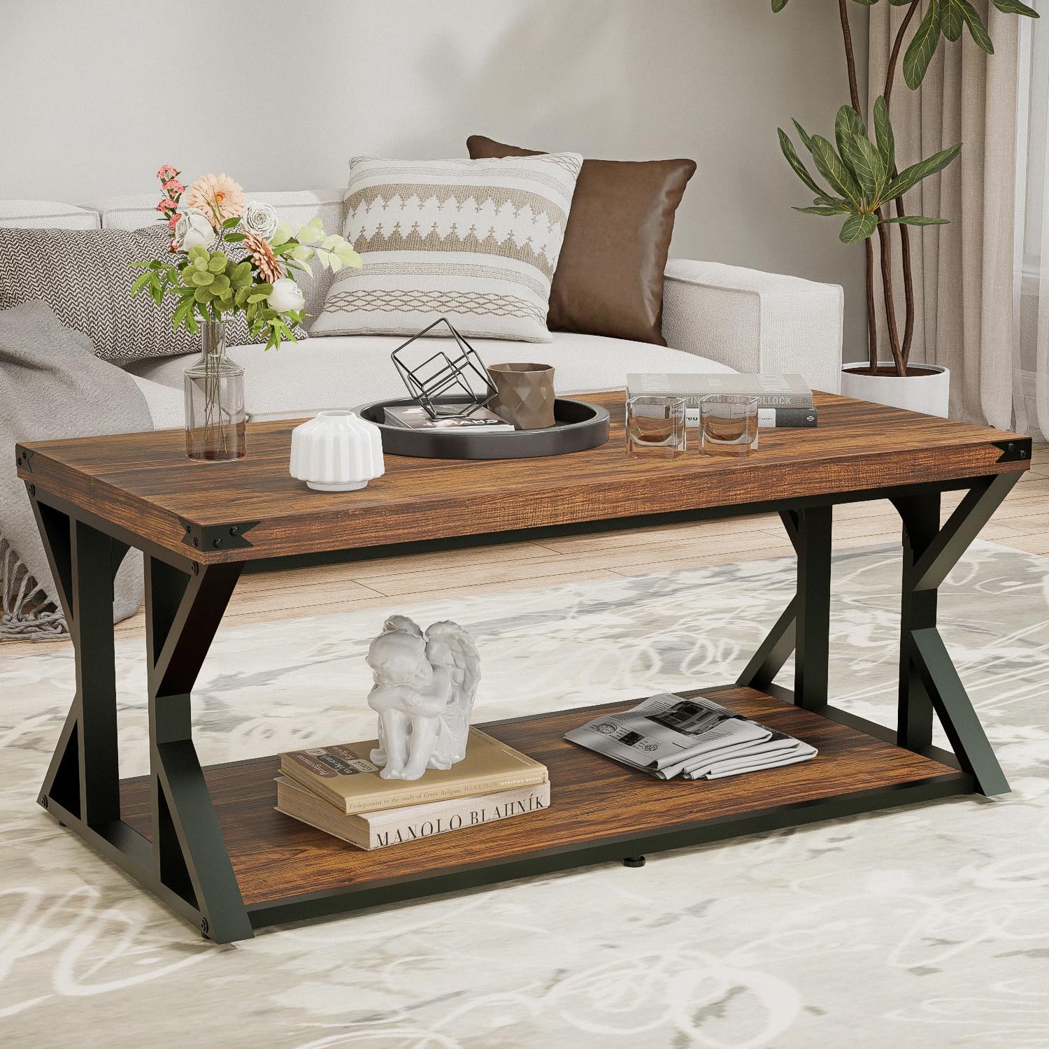 43 Inch Industrial Coffee Table, 2-Tier Rectangle Center Table with Storage Shelf, Wood and Metal Cocktail Table for Living Room, Rustic Brown