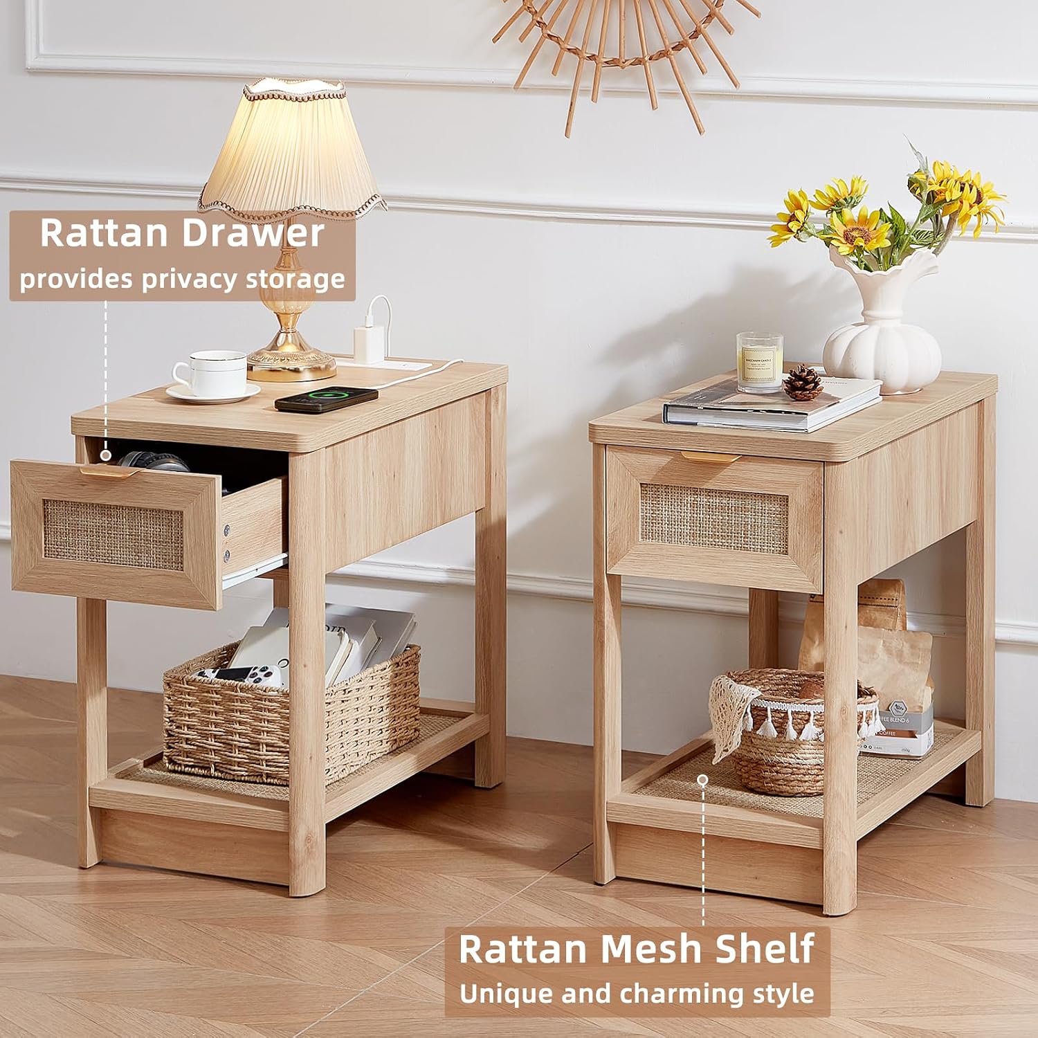 Lerliuo Boho Coffee Table Set of 3, Rattan Coffee and End Table Sets with Charging Station, Living Room Table Set with Open Shelf for Living Room, Natural Wood