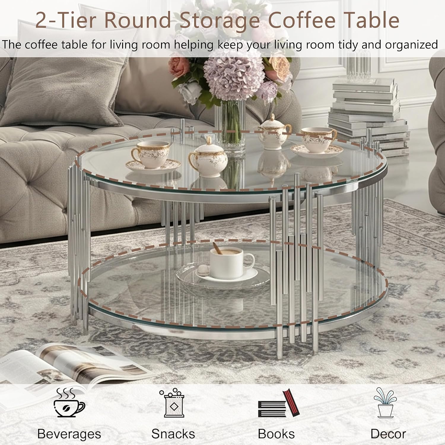 2 Piece Round Glass Coffee Table Set of 2, 31.5' Circle Coffee Table and End Tables Set with Silver Stainless Steel Frame, Modern 2-Tier Clear Silver Living Room Table Set for Home Office