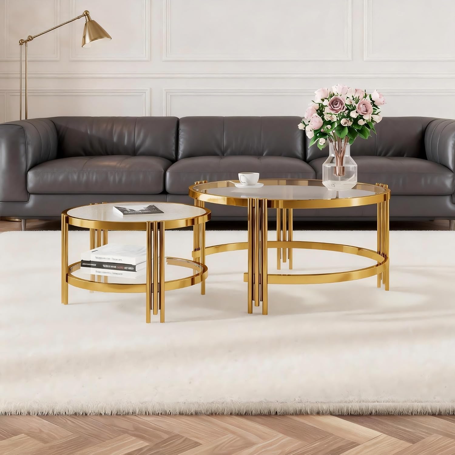 Coffee Table Set of 2 Nesting Round Glass Living Room Table Set Φ 32.75 Modern Simple 2 Tier Middle Center Metal Frame for Small Space Living Room Bedroom Office Meeting Room Gold