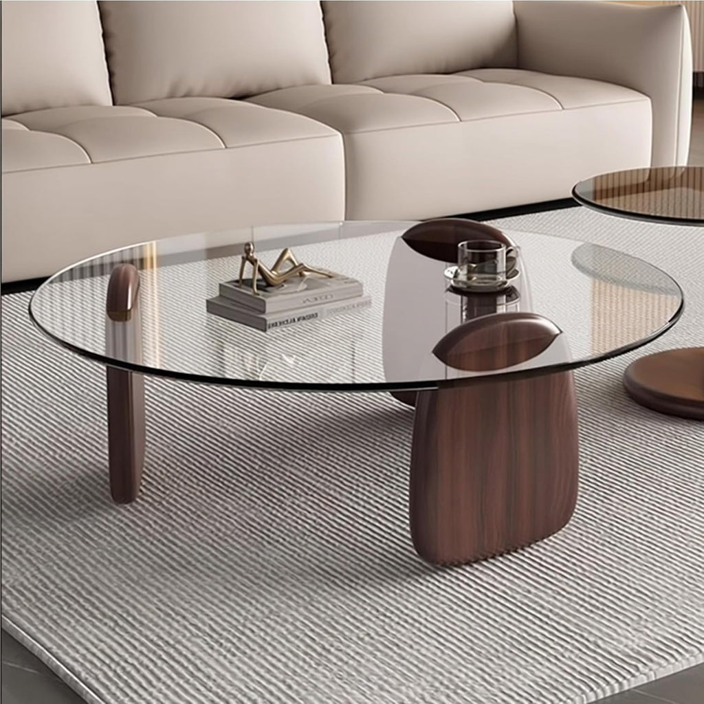 EASYSOUL Modern Round Coffee Table with Glass Top, 35.43' L x 35.43' W x 14.69' H, Circular Tea Tables for Living Room Home Office Industrial Cocktail Tables (Walunt-Clear Glass/35.43')