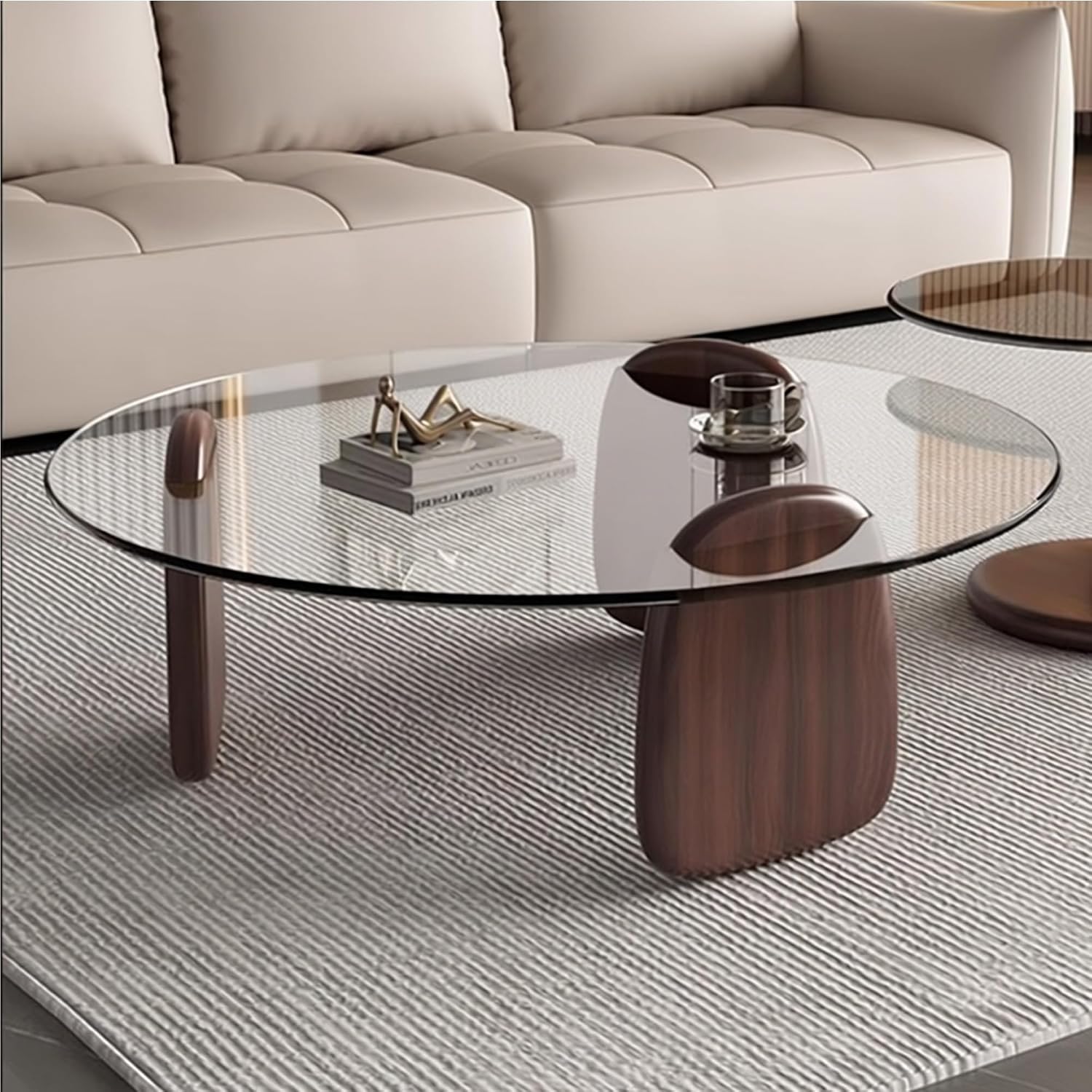 EASYSOUL Modern Round Coffee Table with Glass Top, 35.43' L x 35.43' W x 14.69' H, Circular Tea Tables for Living Room Home Office Industrial Cocktail Tables (Walunt-Clear Glass/35.43')