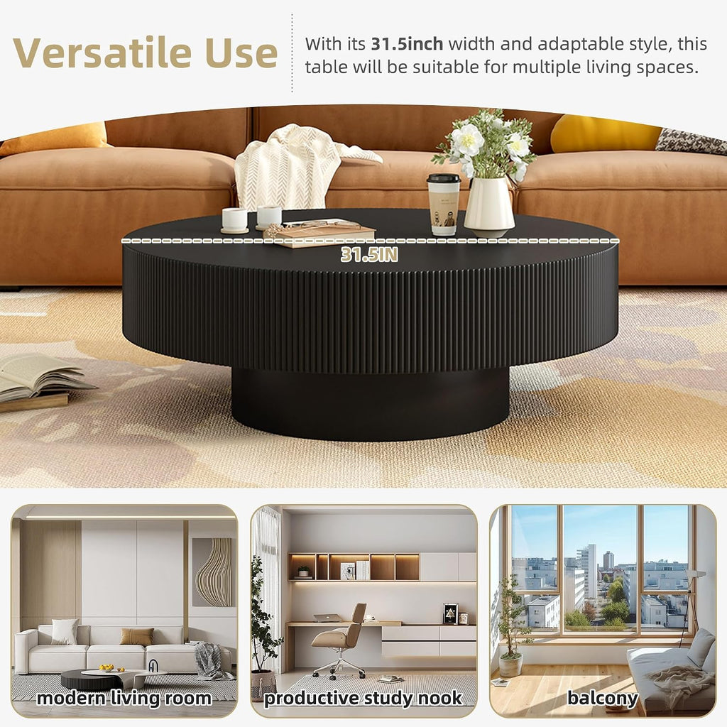 31.5' Wide Round Coffee Table with 6.8' Thick Tabletop, Easy Assembly, Modern Minimalist Wooden Fluted Center Table Black Drum End Table with Sturdy Base for Living Room or Bedroom